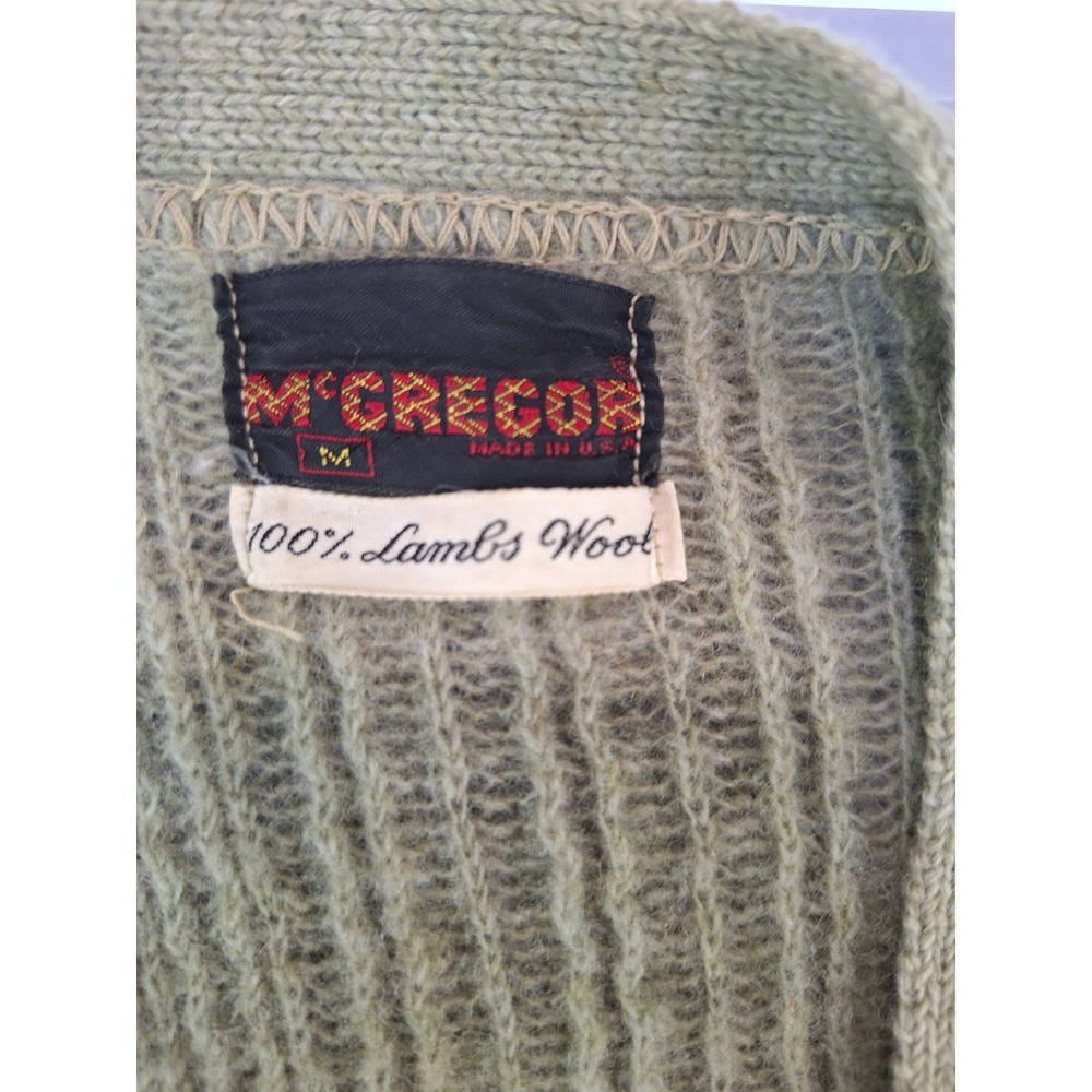 Vintage McGregor Lambswool Cardigan Sweater Green Leather Elbow Patch USA Mens M